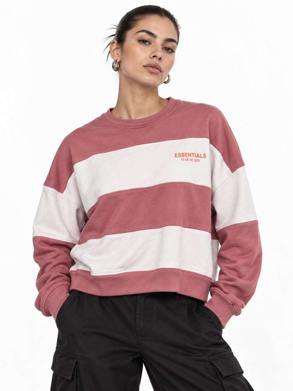ESSENTIALS Fear of God Pink White Striped Cotton Crewneck Sweatshirt